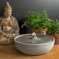 a buddha statue sitting on top of a wooden table next to a potted plant