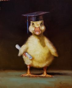 a painting of a duck with a graduation cap on it's head holding a baseball bat