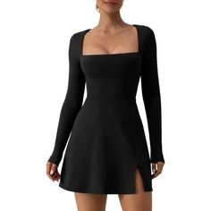 Tight Cut Bodice,Square Neckline With Long Sleeve,Front Seam Trim,High Waist Basic Mini Dress. Soft Breathable Stretch Material,Inner Lined Bust,No Pads,Above Knee Length,Side Slit,Athleisure Short Dress. This Square Neck Bodycon Dress Features With Sleek Form-Fitted,Stretch Fabric Sucks You In And Hug You In All The Right Places,Casual Dress For Fall,Winter,Spring. Long Sleeve Fit And Flare Dress, Short Black Dress With Long Sleeves, Black Dress For School, Square Neck Dress With Sleeves, Long Sleeve Short Black Dress, Short Winter Dress, Black Dress Square Neckline, Black Dress Business Casual, Short Tight Dress Outfit