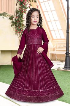 Welcome To Our Store Special Occasion Dress, Flower Girl Dress,Kid Party Couture ,Luxury Girls Dress,Fancy Flower Girl Cloths ,Party Cloth, Princess Vesture Description Maroon Anarkali set with delicate threadwork and mirror work. Has elegant full-length sleeves and embroidered cuffs. The anarkali has a dramatic flare that elevates the look, giving it a royal finish. The hemline has heavy embroidery that brings the whole outfit together. Comes with a fluid-netted dupatta. Perfect for all special Kids Anarkali Dress, Maroon Anarkali, Embroidered Cuffs, Heavy Dresses, Dress Fancy, Dresses For Kids, Kids Party Dresses, Luxury Girl, Heavy Embroidery