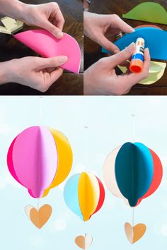 two pictures of hot air balloons being made with paper and glue, one has a heart shaped balloon hanging from the string