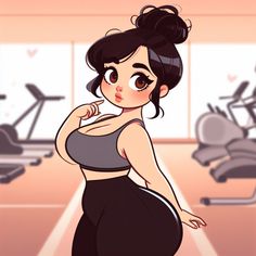 an animated woman in a gym room with exercise equipment