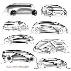 some sketches of different types of cars in various positions and sizes, including the hoods