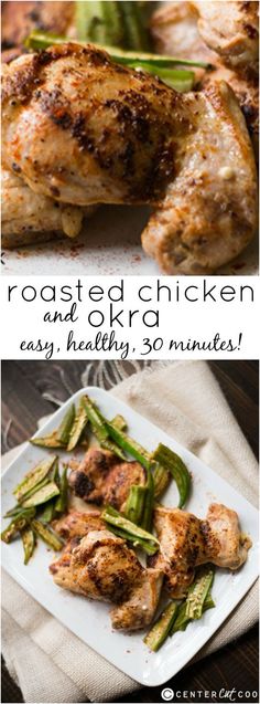 roasted chicken and asparagus on a white plate with text overlay that reads roasted chicken and sri easy healthy 30 minutes