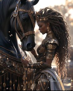 a woman standing next to a black horse