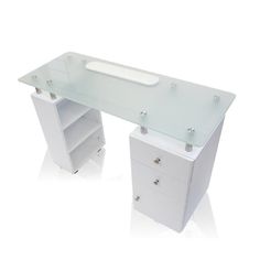 a white desk with drawers and a glass top