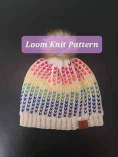 a knitted hat with a pom - pom on top and the words loom knit pattern above it