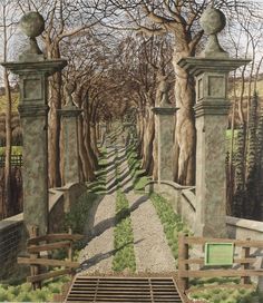 a painting of an entrance to a park with stone pillars and trees in the background