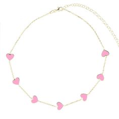 Sometimes your daily pick-me-up is as close as your jewelry box. With a fluttering of bright pink hearts sweetly slung across its choker chain, the Viva Rosado gently encourages you to see the brighter side of things. Destined to be the darling of looks that favor bright floral patterns and grounded boho textures. 14k gold plated sterling silver Pink enamel hearts 12-15.5 Adjustable in length Cute Pink Necklace, Pink Necklace Aesthetic, Ragen Jewels, Sisterhood Round, Unrealistic Wishlist, Dress Reference, Collar Rosa, Bead Accessories, Girls Choker