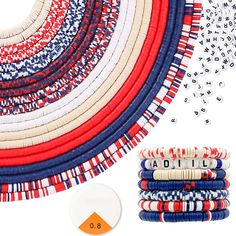 an assortment of red, white, and blue bracelets with numbers on the side