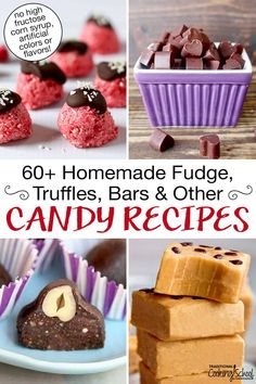 homemade fudge truffles, bars and other candy recipes are featured in this collage