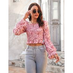 Pink Ruffle Detail Off Shoulder Long Sleeve Top Top Designs For Women, Fancy Tops, Crop Top Casual, Smocked Top, Bubble Sleeve, Holiday Style, Flower Shirt, Floral Crop Tops, Neck Ruffle