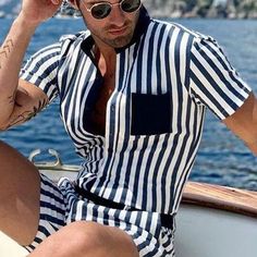 Holiday Suits, Romper Men, Men Jumpsuit, Streetwear Shorts, Suits Clothing, Jumpsuit Men, Casual Summer Shorts, Short Sleeve Romper, Summer Stripes