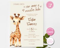 a baby giraffe is on the front of this birthday party card with its name