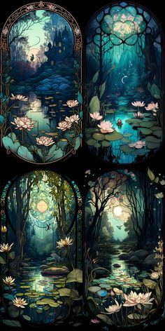 four different views of the inside of a stained glass window with water lilies in it