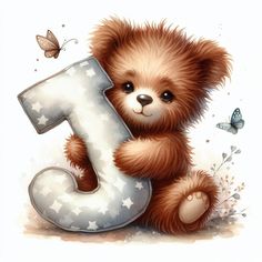 a brown teddy bear sitting next to the letter j with butterflies on it's back