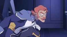 an animated character with red hair and blue eyes, wearing a purple outfit in front of a door