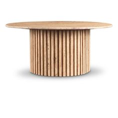 a round wooden table with vertical stripes on the top and bottom, viewed from above