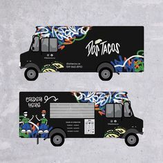 two delivery trucks with graffiti painted on them