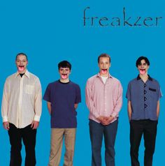 three men standing next to each other in front of a blue background with the words freaker on it