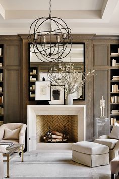 a living room filled with furniture and a fire place in front of a book shelf