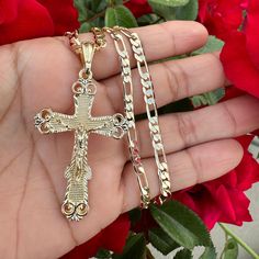 "22\" Fígaro Chain  With Cross Pedant 1.5 Inch  Tarnish free" Christ Jewelry, Chain With Cross, Crucifix Necklace, Cross Jesus, Mens Necklace, Gold Chains For Men, Figaro Chains, Figaro Chain, Birthday Wishlist