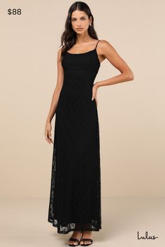 You'll always pick the Lulus Flawless Choice Black Lace Sleeveless Maxi Dress when you want to impress every single person at the party! A sheer floral lace overlay (atop a matching kit liner) shapes this chic dress that features a sleeveless bodice with a flattering under-bust seam and scoop neckline, all supported by adjustable spaghetti straps. The figure-skimming silhouette continues down to a classic A-line skirt that finishes at a sweeping maxi hem. Hidden back zipper/clasp. Fit: This garm Spaghetti Strap Black Dress, Black Spaghetti Strap Dress, Floral Prom Dresses, Casual Formal Dresses, Black Print Dress, Lulu Fashion, Casual Wedding Dress, Adhesive Bra, Lace Maxi