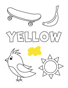 the word yellow is written in black and white with a bird, sun, and skateboard