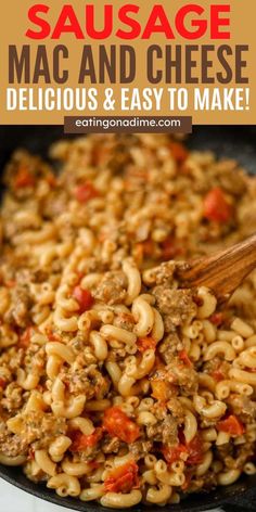 sausage macaroni and cheese is being cooked in a skillet