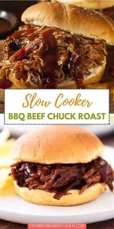 slow cooker bbq beef chuck roast sandwich on a white plate with text overlay