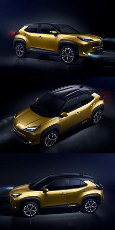 three different views of a yellow suv in the dark