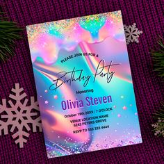 a birthday party flyer with snowflakes and decorations on purple knitted fabric next to christmas tree branches