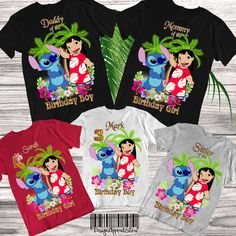 three t - shirts with the character stitching on them, including one for each child's birthday