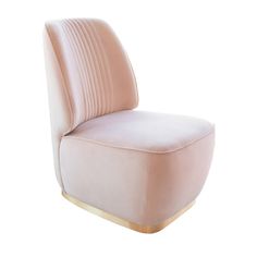 an upholstered chair with gold legs and a pink velvet seat cover on white background