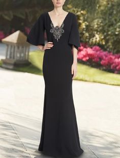 Mermaid / Trumpet Evening Gown Minimalist Dress Formal Wedding Guest Floor Length 3/4 Length Sleeve V Neck Chiffon with Pure Color Elegant Fitted Gown With 3/4 Sleeves, Elegant Formal Gown With 3/4 Sleeves, Elegant Gown With 3/4 Sleeves For Formal Occasions, Elegant V-neck Gown For Mother Of The Bride, Black 3/4 Sleeve Wedding Dress, Black 3/4 Sleeve Dress For Wedding, Elegant 3/4 Sleeve Gala Dress, Fitted Half-sleeve Evening Dress For Wedding, Fitted Half Sleeve Evening Dress For Wedding