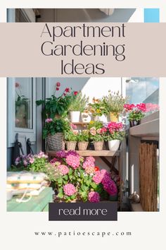 an apartment garden with flowers and plants on the balcony, text reads apartment gardening ideas read more