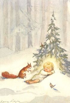 a watercolor painting of a little boy laying in the snow next to a christmas tree