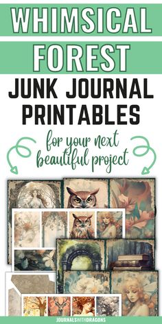 the book cover for whimsical forest junk journal printables, featuring pictures of animals and birds