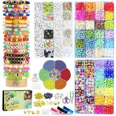 many different types of beads and accessories are shown in this image with the supplies needed to make it