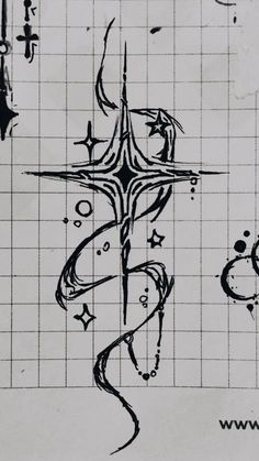 an ink drawing of a cross on a grid paper with pen and ink splots