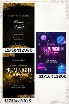 the flyer for prom night is shown in gold and purple