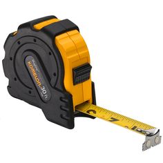 a yellow and black tape measure on a white background