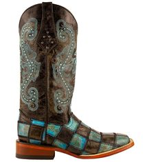 These boots are an attention getter! Distressed leather, combining black with hot turquoise hand-sewn into a patchwork design, creates a square-toed fashion statement for any cowgirl. The distressed leather shaft with studded pull tabs is the perfect addition to send you out the door looking stylish and fun. $199.99 Womens Square Toe Boots, Teal Heels, Patchwork Boots, Square Toe Cowboy Boots, Leather Patchwork, Square Toe Boots, Patchwork Designs, Distressed Leather, Blue Shoes