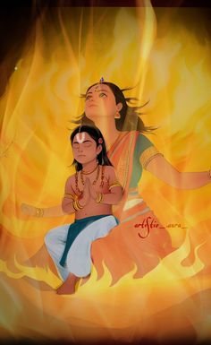 A woman sitting with a child in fire, Holika Dahan Holi Painting, God Illustration, Rama Lord, Holika Dahan, Aquarium Live Wallpaper, Good Over Evil, Ram Sita, Holi Party, Basic Art