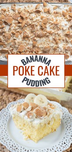 banana poke cake pudding on a white plate