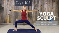 a woman is doing yoga on a mat with the words yoga sculpt above her