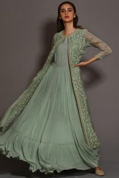 Shop for Vara by Vibha n Priti Green Chiffon Pleated Anarkali With Jacket for Women Online at Aza Fashions Elegant Spring Anarkali Set With Traditional Drape, Spring Anarkali Sharara With Cutdana, Anarkali Sharara With Cutdana For Spring, Pista Green Anarkali Set For Spring, Spring Wedding Anarkali Set In Pista Green, Spring Pista Green Anarkali Set, Spring Wedding Pista Green Anarkali Set, Spring Designer Anarkali Set With Cutdana, Spring Anarkali Kurta For Reception