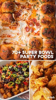 several different types of party foods with the words 70 + super bowl party foods on them