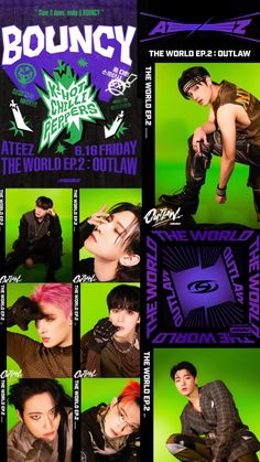 an advertisement for the band bouncey with many different pictures and words on it, including one