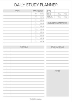 the daily study planner is shown in this printable version, and includes tasks to help students